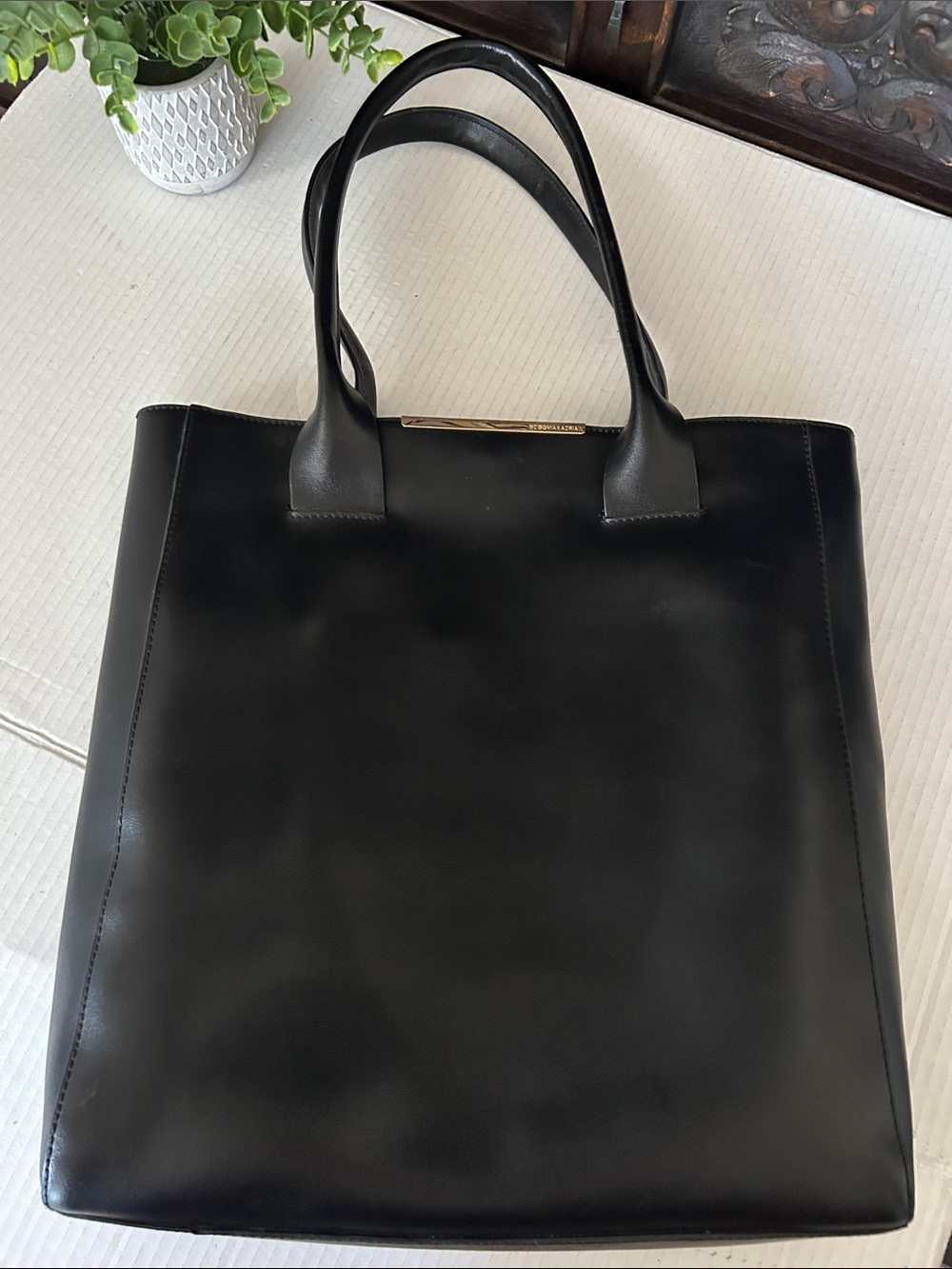 BCBGMaxAzria Black Leather Double-Handle Tote with Gold Accent - Picture 11 of 11